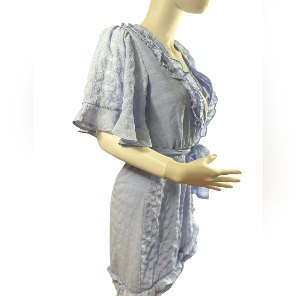 Saints+Secrets Blue Ruffle Mini Wrap Short Sleeve Dress - Whimsigoth, Party